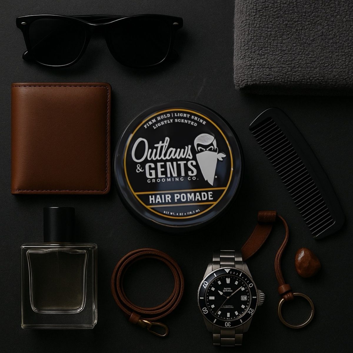 Outlaws and Gents Hair Pomade with men's sunglasses, wallet, and accessories